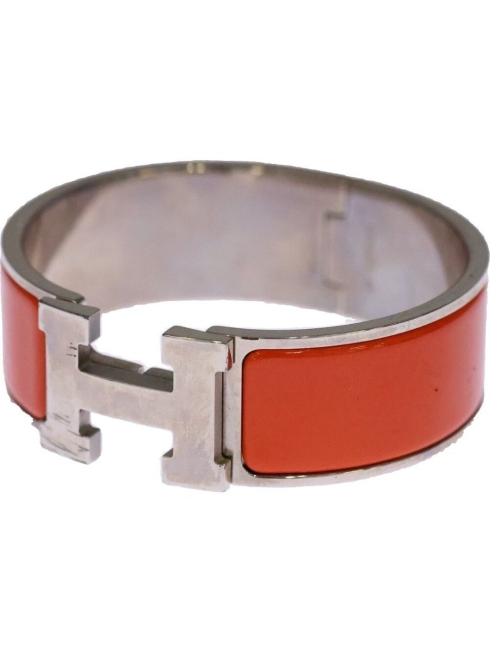 Hermes Clic Clac GM Enamel Bracelet Bangle Silver Orange